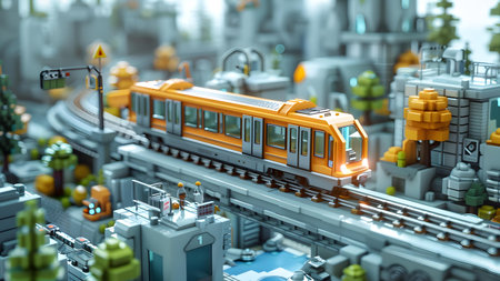3D render of a toy train on the background of the cityの写真素材
