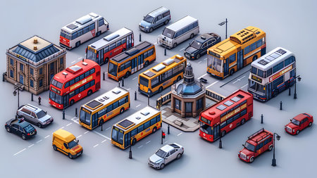 City transport isometric composition with bus, train, bus, tram, tram, trolleybus and cars on the streetの写真素材