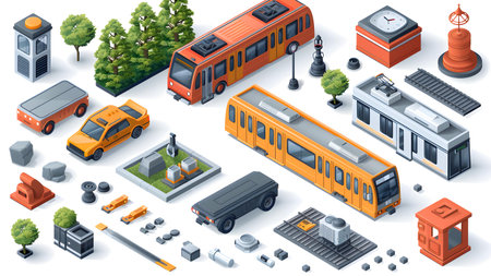 Isometric set of different types of public transport. Vector illustration.の写真素材