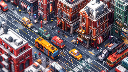 Top view of the city with cars and buses. 3d rendering