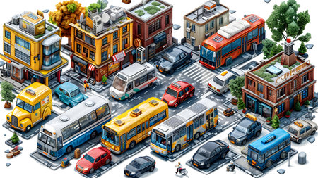 Isometric urban scene with cars, buses and buildings on a white backgroundの写真素材