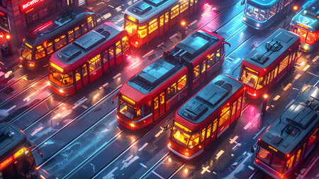 Aerial view of a city street with red trams and cars.の写真素材