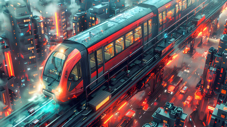 High speed train in the city at night. 3D rendering.
