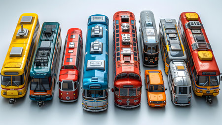 A large group of buses of different colors on a white background. 3d rendering