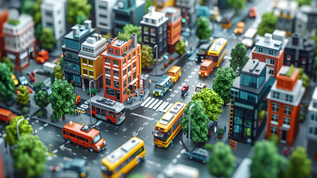 Miniature city. 3d illustration of a miniature city with buildings and roadsの写真素材