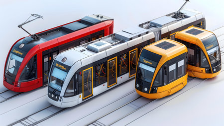 Modern tram on the background of the city. 3D illustration.