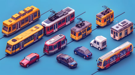 Public transport isometric composition with tram and cars on blue background vector illustrationの写真素材