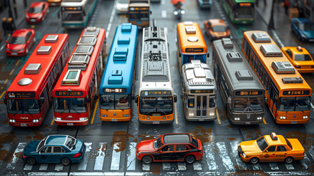 3d rendering of a city street with cars, buses and peopleの写真素材