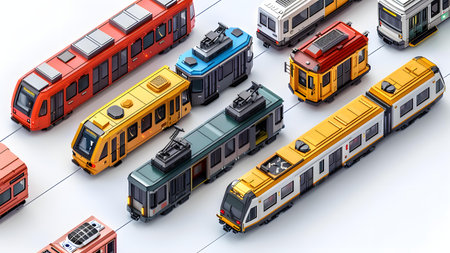 3d illustration of modern electric trains over white background with copy spaceの写真素材