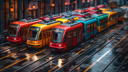 Red and yellow trams at night in Paris, France. 3D renderingの写真素材