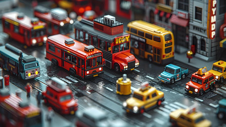 3D illustration of a city scene with buses, trams, cars, and traffic lights.の写真素材