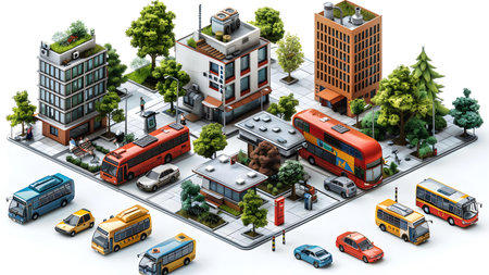 3d isometric city with bus and bus on a white backgroundの写真素材
