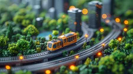 Miniature model of the city with train on the background of the city, 3d illustration
