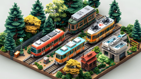 3d illustration of a miniature city with trains and trees on a white backgroundの写真素材