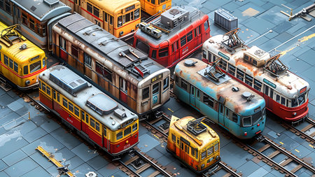 3D illustration of the cityscape with trains and tram tracks.