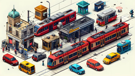 City transport isometric composition with trains, tram and people on the street vector illustrationの写真素材