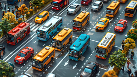 Aerial view of a city street with cars and buses. 3D rendering.の写真素材