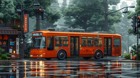 3D rendering of an orange bus on a road in the cityの写真素材