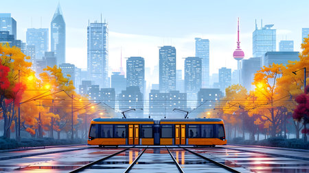 Modern tram in the city at sunset, 3d rendering. Computer digital drawing.の写真素材