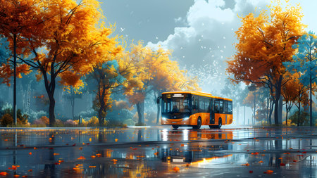 School bus in the autumn park. 3d rendering. Computer digital drawing.