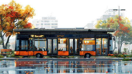 City bus on the road in autumn. 3d render illustration.の写真素材