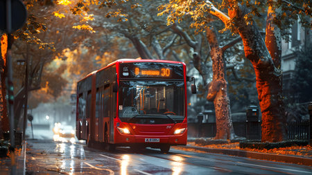 Red bus on the streets of Bucharest.の写真素材