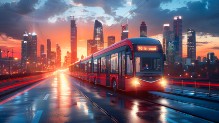 Modern red bus on a city street at sunset. Shanghai, China.の写真素材