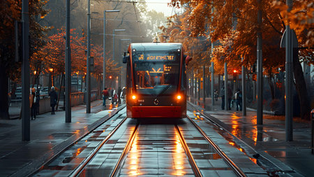 Tram on the street in the city at night, Moscow, Russia