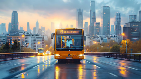Bus on the highway at sunset in Moscow, Russia. Travel concept.の写真素材