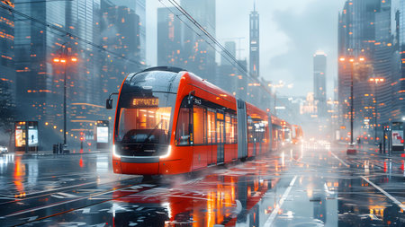 Modern high-speed tram in the city at night. 3D renderingの写真素材