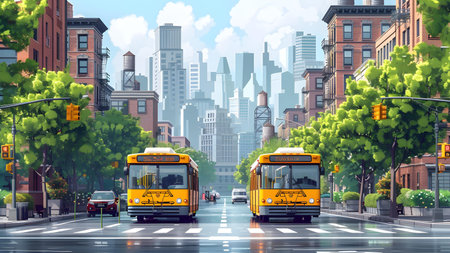 Yellow school buses on the street of New York City. 3D rendering