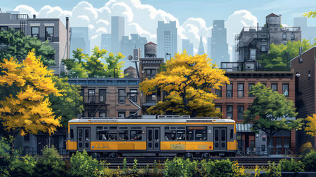 Yellow tram on the background of the city. 3D illustration.