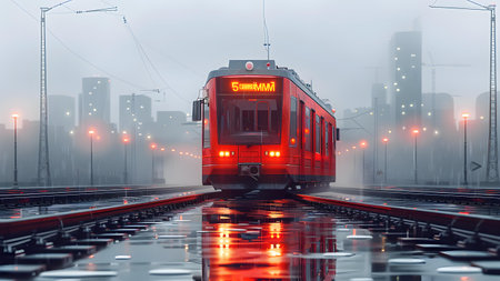 Red train on the railway station in the fog. 3d renderingの写真素材