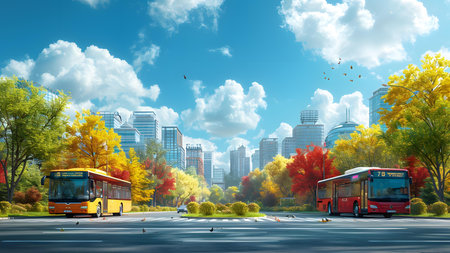 Autumn cityscape with yellow trees and bus. 3d renderingの写真素材