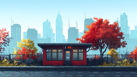 Autumn city landscape with red building and trees. Vector illustration.の写真素材