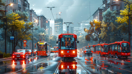 Tram on the street in Shanghai, China. Night scene.の写真素材