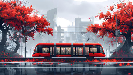 Modern red tram on the background of the autumn city. 3d renderingの写真素材