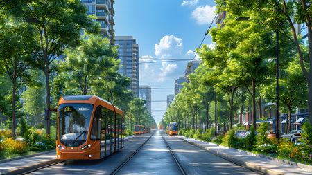 Tram on the street in Rotterdam, Holland, Netherlandsの写真素材