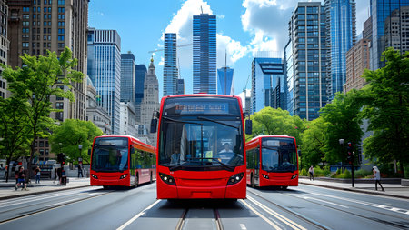 Double-decker bus rides through the streets of New York City.の写真素材