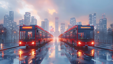 Foggy city street with red double-decker bus.の写真素材