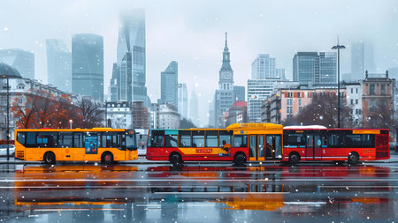 Double exposure of Moscow cityscape with bus, Moscow, Russia.の写真素材