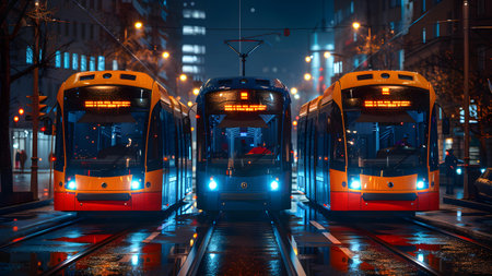 Modern electric tram in the city at night. 3D rendering.の写真素材