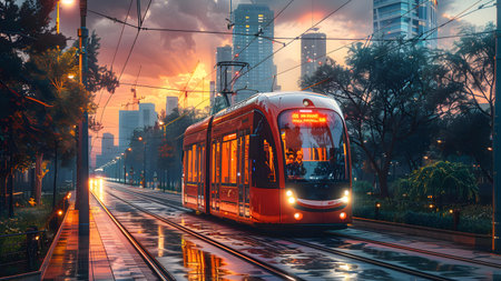 Modern tram in the city at night, Shanghai, China. This is a 3d render illustration.の写真素材