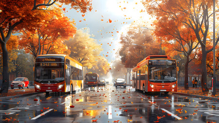 Red double-decker bus in the autumn city. 3d renderingの写真素材