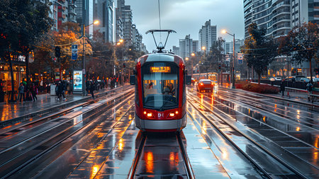 Tram in the city of Shanghai, China. Shanghai is the capital and most populous city of China.の写真素材