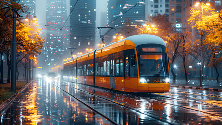 Modern tram on the street at night in Shanghai, China. Shanghai is the capital and the most populous city of China.の写真素材