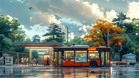 City bus at the bus stop in the evening. 3d renderingの写真素材