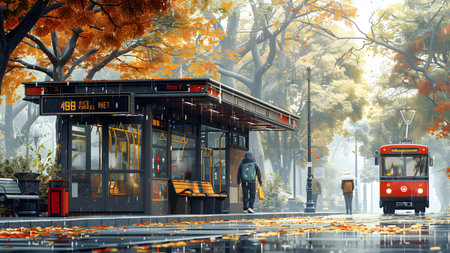 Autumn cityscape with bus and bus stop, 3d renderの写真素材
