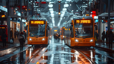 Tram in the city at night, Moscow, Russia. Long exposureの写真素材