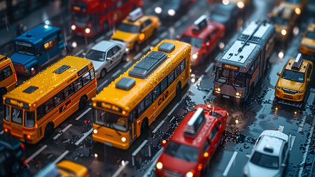 3d illustration of a miniature city street with cars and buses.の写真素材